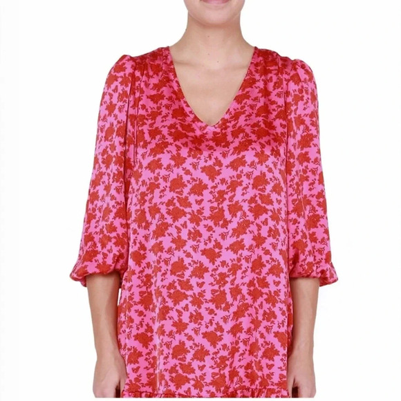 Dex light satin 3/4 puff sleeves V neck Floral Ruffled Hem midi dress Sz XL - Picture 6 of 17